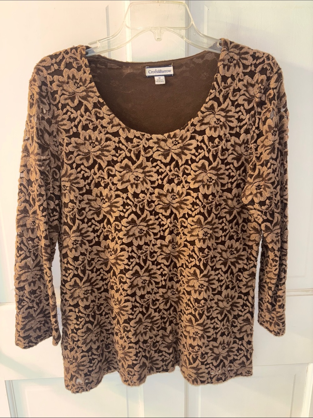 croft & barrow Brown Floral-Pattern Scoop Neck Long Sleeve Top
